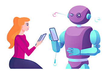 Fototapeta premium Chat GPT Artificial Intelligence chat bot by Open AI, cartoon style, talking to women message bubble