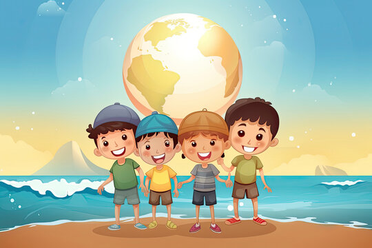 Close-up of children holding a planet at the beach,Vector illustration