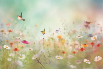 Watercolor of a spring meadow full of blooming flowers, birds and butterflies, Florals Background, Generative AI