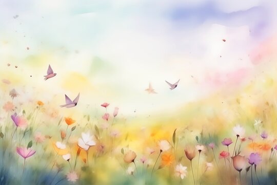 A field of wildflowers with butterflies and birds flitting among them background, Florals background, Generative AI