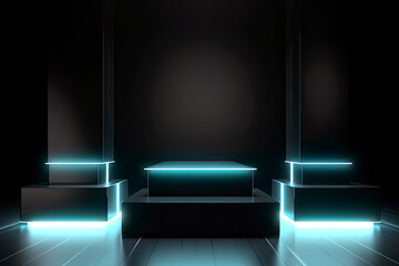 Futuristic dark podium with light and reflection background