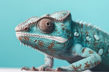 Obraz premium Chameleon on a blue background close-up, created with Generative AI technology.