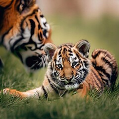 Fototapeta premium a tiger cub playing its mother tiger