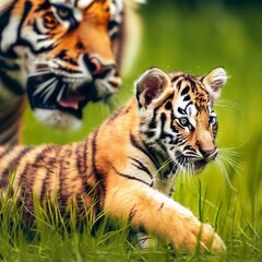 a tiger cub playing its mother tiger