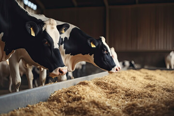 Healthy dairy cows feeding on fodder standing in row of stables in cattle farm barn with worker adding food for animals in blurred background.
