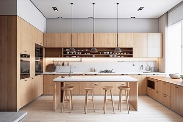 Modern bright kitchen interior, created with Generative AI technology.