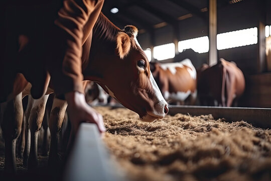 Healthy dairy cows feeding on fodder standing in row of stables in cattle farm barn with worker adding food for animals in blurred background.