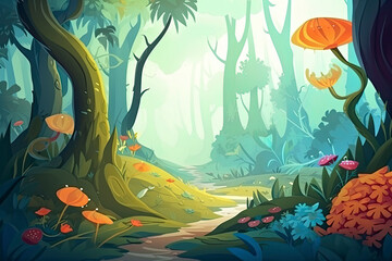 Obraz na płótnie Canvas Morning Forest. Video Game's Digital CG Artwork, Concept Illustration, Realistic Cartoon Style Background