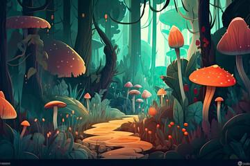 Obraz na płótnie Canvas Morning Forest. Video Game's Digital CG Artwork, Concept Illustration, Realistic Cartoon Style Background