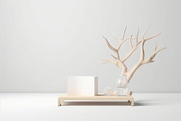Minimal mockup background for product presentation. Podium and dry tree twigs branch with white sand beach on white background. 3d rendering illustration. Clipping path of each element included.