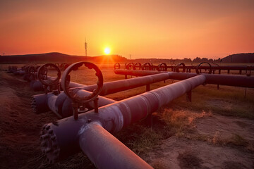 Oil Or Gas Transportation With Blue Gas Or Pipe Line Valves On Soil And Sunrise Background - obrazy, fototapety, plakaty
