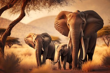 Fototapeta na wymiar Beauty of an Elephant Family in their Natural Habitat During Golden Hour with Warm Savannah Colors and Natural Light. Generative AI