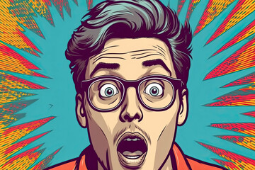 Pop art style Portrait of man in glasses says wow with open mouth to see something unexpected. Shocked guy with surprised expression. Emotions concept - obrazy, fototapety, plakaty