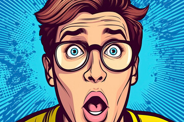 Pop art style Portrait of man in glasses says wow with open mouth to see something unexpected. Shocked guy with surprised expression. Emotions concept - obrazy, fototapety, plakaty