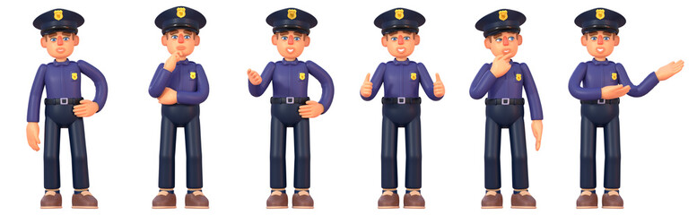 3d render of policeman in various situations, showing diverse emotions, gestures
