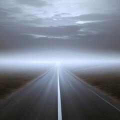 Wide road leading into a fog in a vast landscape, generative ai
