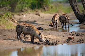 Naklejka na ściany i meble Spotted hyena on the river bank sniffing at dead hippo carcass lying in the water. Scavengers seen on African safari