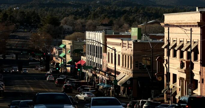 Prescott, Arizona, USA - January 9, 2022: Sunset light shines on historic buildings in downtown Prescott.