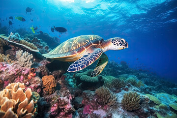 Fototapeta na wymiar underwater coral reef with colorful fish and turtle. marine life