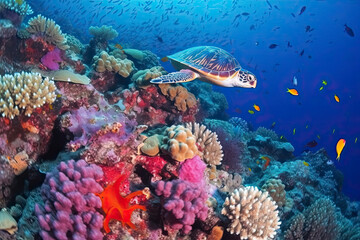 underwater coral reef with colorful fish and turtle. marine life