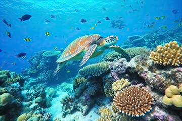 Naklejka na ściany i meble underwater coral reef with colorful fish and turtle. marine life