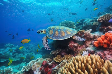 Fototapeta na wymiar underwater coral reef with colorful fish and turtle. marine life