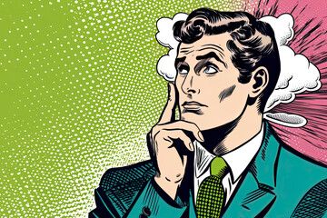 Vintage thinking Pop Art Man with thought bubble.Party invitation