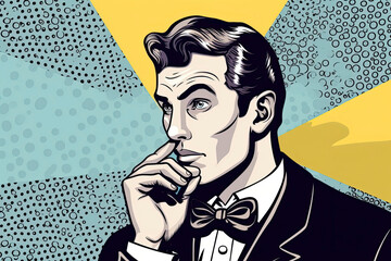 Vintage thinking Pop Art Man with thought bubble.Party invitation