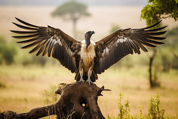 Fototapeta premium White-backed Vulture (Gyps africanus) spreading wings standing on a branch