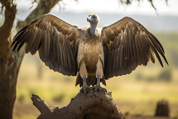 White-backed Vulture (Gyps africanus) spreading wings standing on a branch