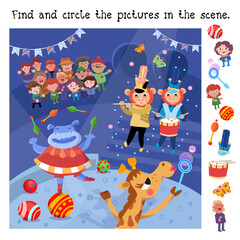 Fototapeta premium Find and circle objects. Puzzle game for children. Cute funny performers at circus. Funny show with musicians and people. Cartoon characters. Vector illustration. 