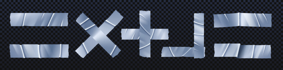 Silver duct tapes, scotch and adhesive paper pieces. Torn sticky strips glued in shape of cross and corner. Wrinkled sticky bands isolated on transparent background, vector realistic set