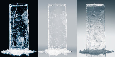 The ice block in three lighting schemes on different backgrounds for more realistic product placement.