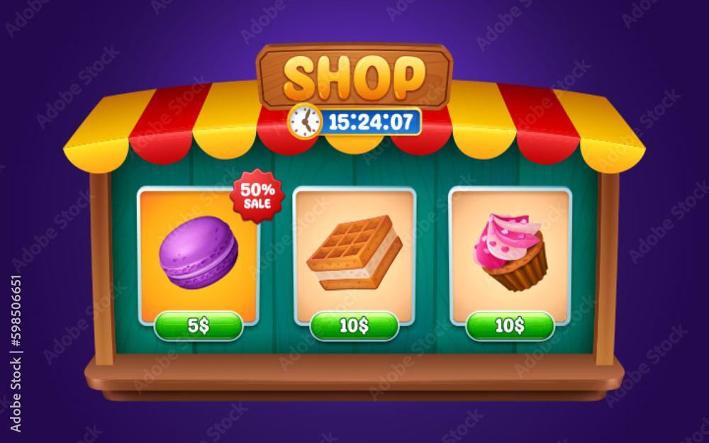 Poster game shop with items icons and buttons. ui frame for game store interface with cute cake, macaron an
