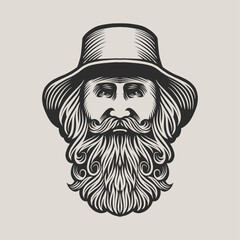 Vintage logo with bold man wearing hat. Elegant gentleman logo in vintage etching style.