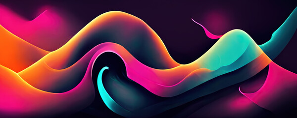 Wave pattern neon background. Curve graphic. Bright pink purple blue black color gradient glowing curl layers abstract decorative design art illustration.