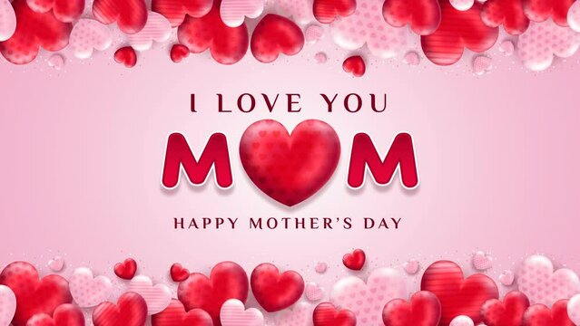 Happy Mother's day greeting animation text, lettering with love ornament in pink background, for banner, social media feed wallpaper stories, i love you mom