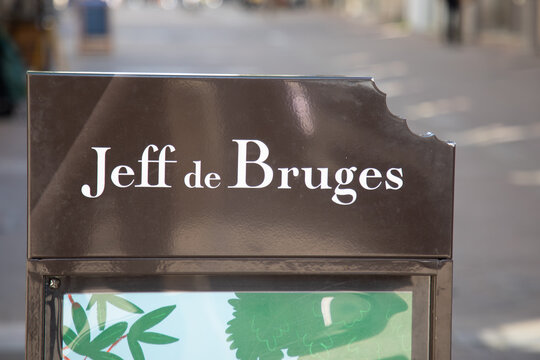 jeff de bruges logo brand and text sign street store chocolaterie shop of french chocolate candy from Belgium