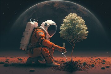 Astronaut planting a tree on a planet