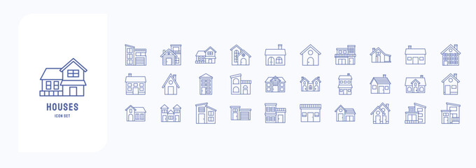 A collection sheet of outline icons for Home and Houses, including icons like building, real estate, Architecture and more