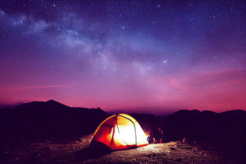 Fototapeta na wymiar Camping in the mountains in a tent under the glowing stars and the Milky Way, generative ai