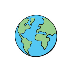Vector color Earth icon. Minimalist simplified World Symbol, clip art, logo in doodle flat style. Theme of geography, peace, ecology, Social Media, cosmos