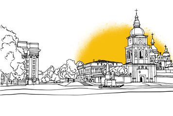 Nice old square in the center of Kyiv. Ukraine. Hand drawn line sketch. Urban background. Yellow sunshine.