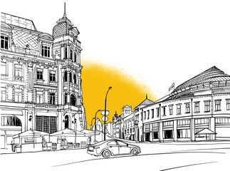Nice cityscape of the old Kiev, Ukraine. Urban landscape in hand drawn sketch style. Ink line sketch. Vector illustration on yellow. Postcard style. Urban sketch. Without people. - 598507836