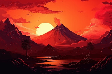 anime style volcano landscape background