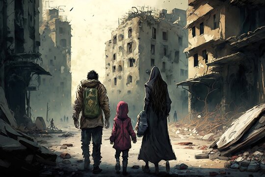 Depicting a Family of War or Natural Disaster Refugees Walking through a Devastated City Streets. Generative AI