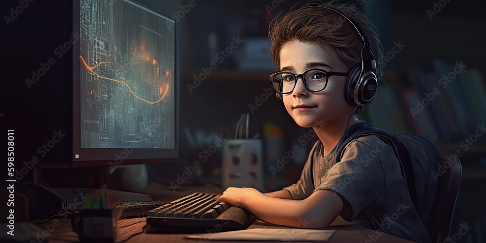Wall mural boy in software developer illustration by generative ai