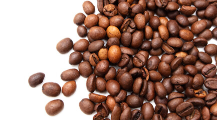 Roasted coffee beans isolated on white background.