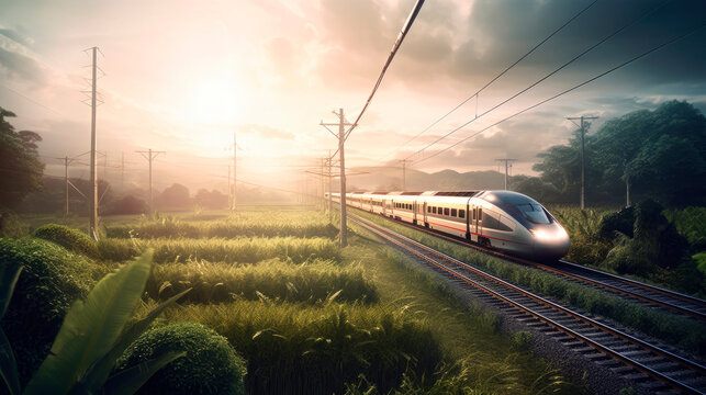 high speed train on rails in green landscape, generative ai