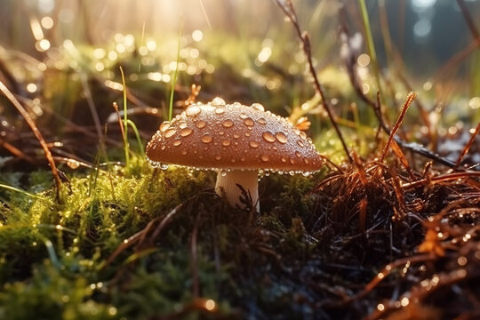 boletus mushroom in dew drops in grass in forest on a sunny summer day. Generative AI illustration